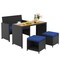 Outdoor Patio Dining Set PE Rattan Acacia Wood Loveseat Table 2 Ottomans Navy Cushion